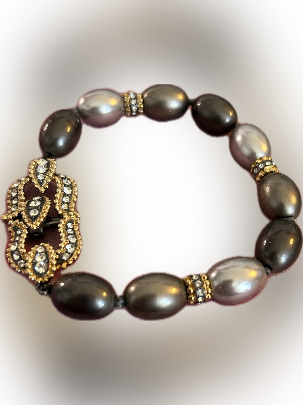 Vintage Monet Gray Faux Pearl  Bracelet with Gold Rhinestones & prominent toggle